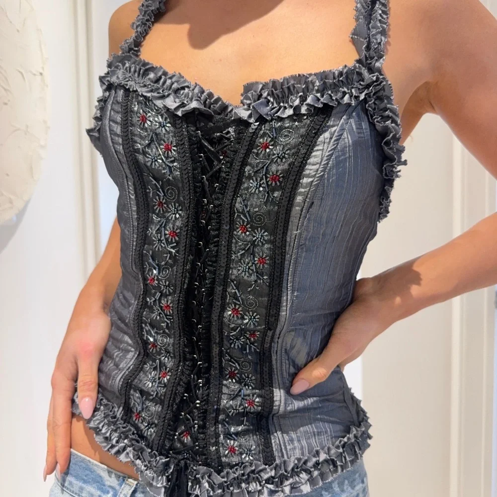 Satin Ruffled Sleeveless Corset Top — Charcoal Gray - Picture 4 of 5